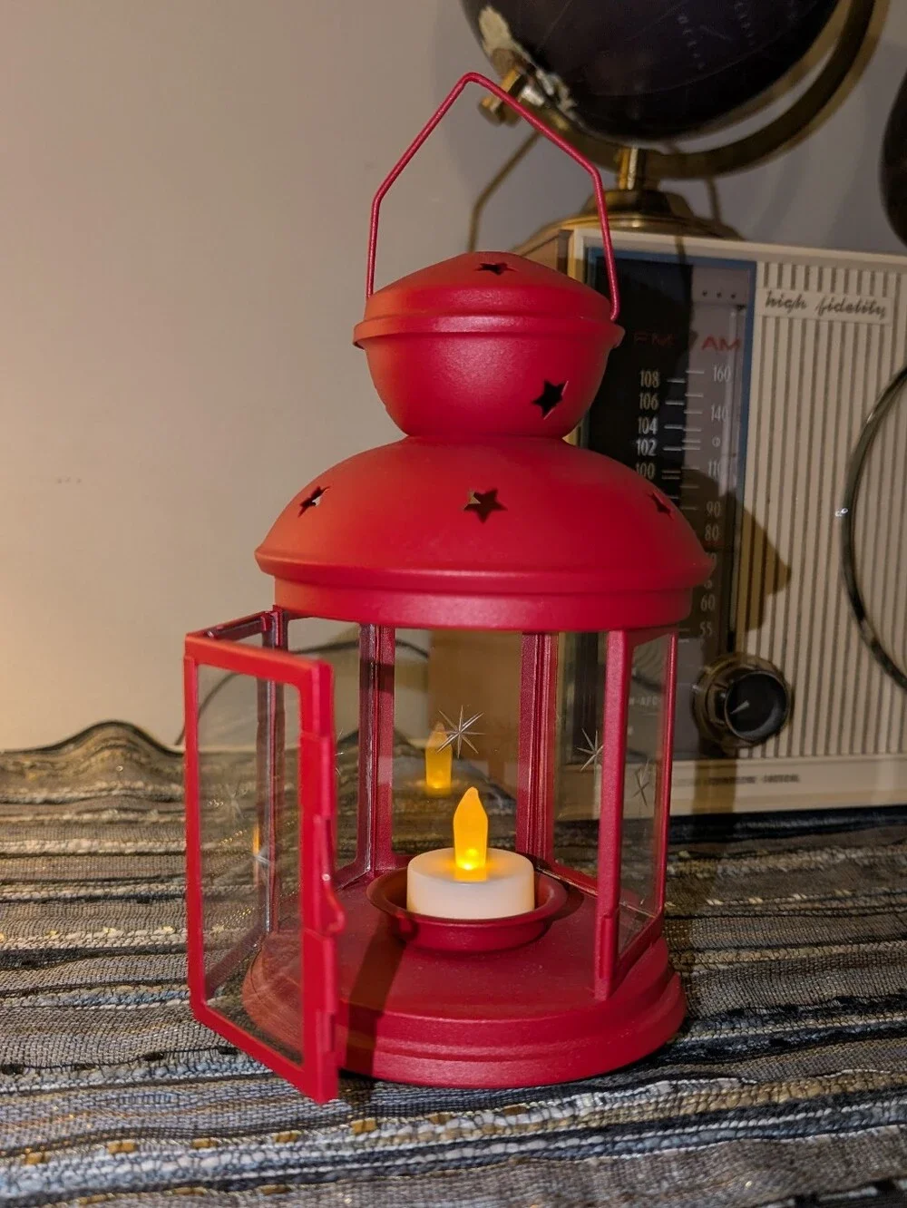 Ikea Rotera lantern metal and glass tea light holder W/ battery operated Candle
